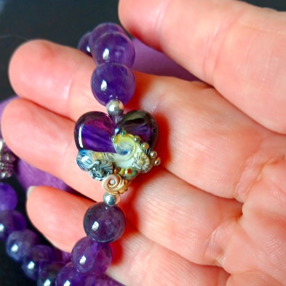 Lampwork Glass & Amethyst Beaded Stretch Bracelet AAA Quality